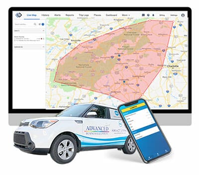 cutout of company vehicle and cell phone leaning against a computer monitor showing service area map