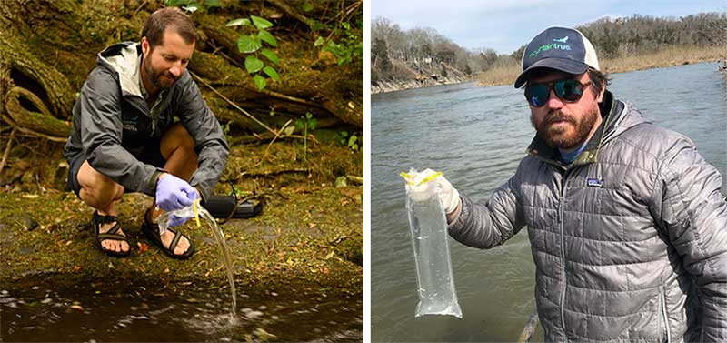 2 men in nature collecting water samples from a river