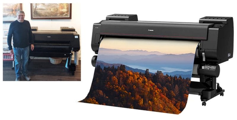 On the left, a man standing in front of a wide format printer and on the right, a large mountain landscape photo being printed on a wide format printer