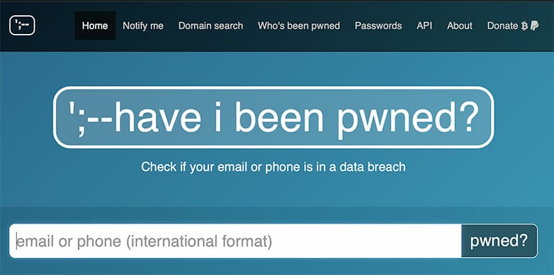 homepage of a data security website