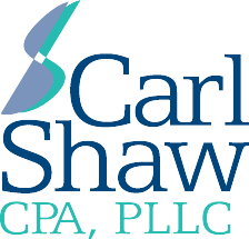 stylized blue-green graphic and company name written in blue 'Carl Shaw CPA PLLC'