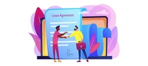 2 men shaking hands in front of stylized lease agreement