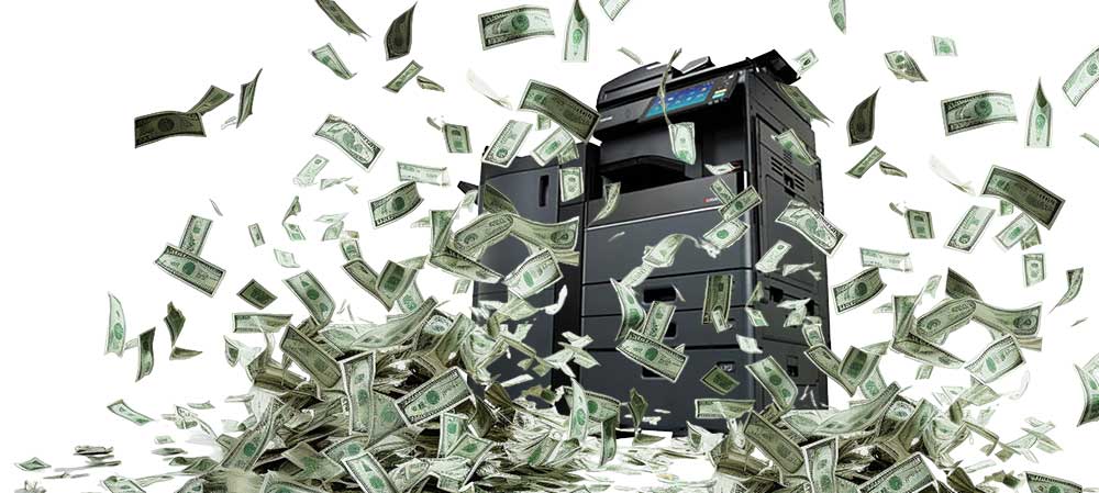 dollar bills flying through the air around a large MFP copier
