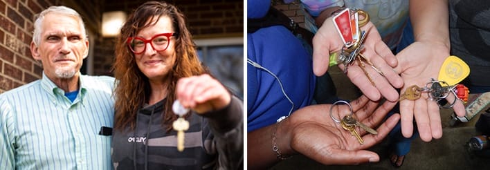 smiling woman holds keys while man has arm around her next to a photo of 3 people's hands holding keys