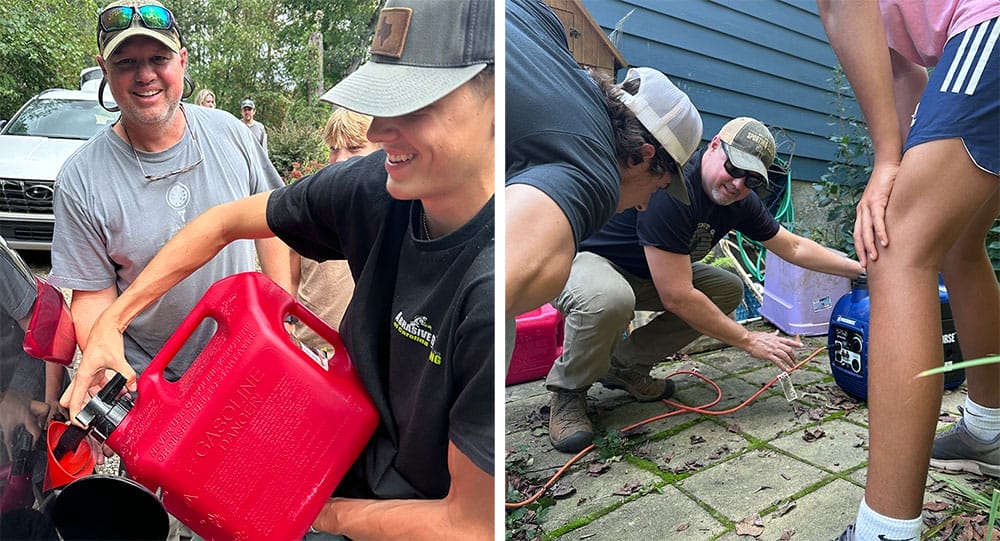 Left: a young man puts gas from a can into a car; right: smiling man shows how to operate a generator