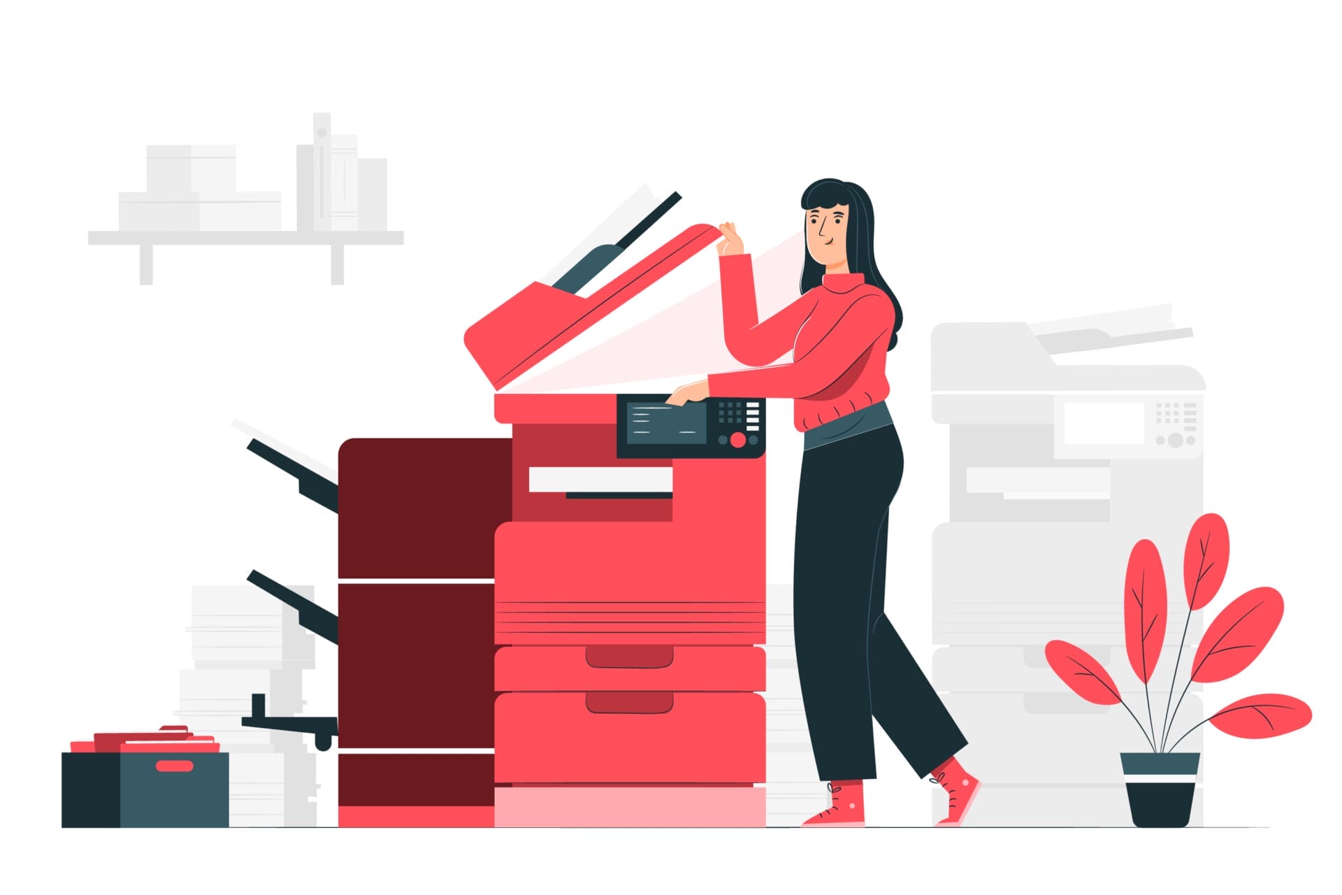 Vector graphic of a woman copying documents at a modern office multi-function printer