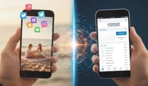 hand holding smart phone with a beach background on the left and work-related image on screen on the right