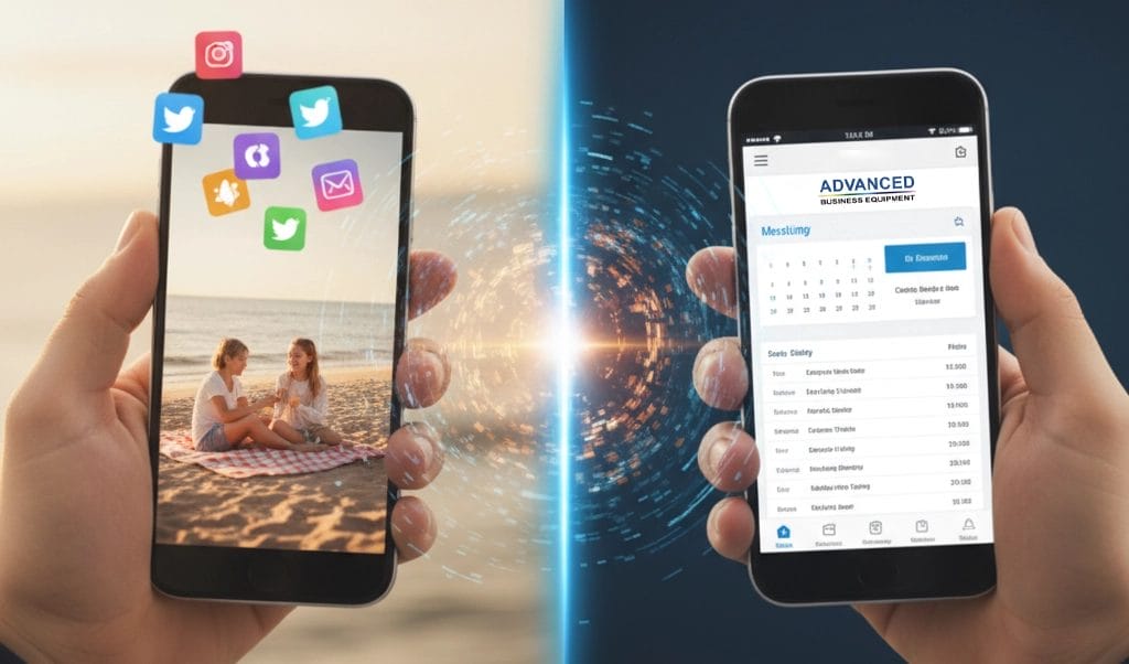 hand holding smart phone with a beach background on the left and work-related image on screen on the right